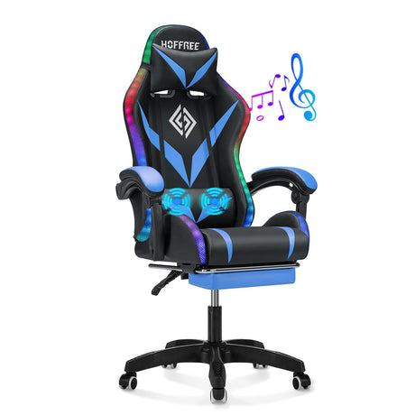 HOFFREE RGB Gaming Chair with Speakers and Massage Ergonomic Computer Chair with Lights and Footrest Reclining Video Game Chairs for Adults Blue and Black HOFFREE