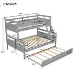 Merax Grey Twin Over Full Solid Wood Trundle Bunk Bed with Guardrail and Ladder Merax