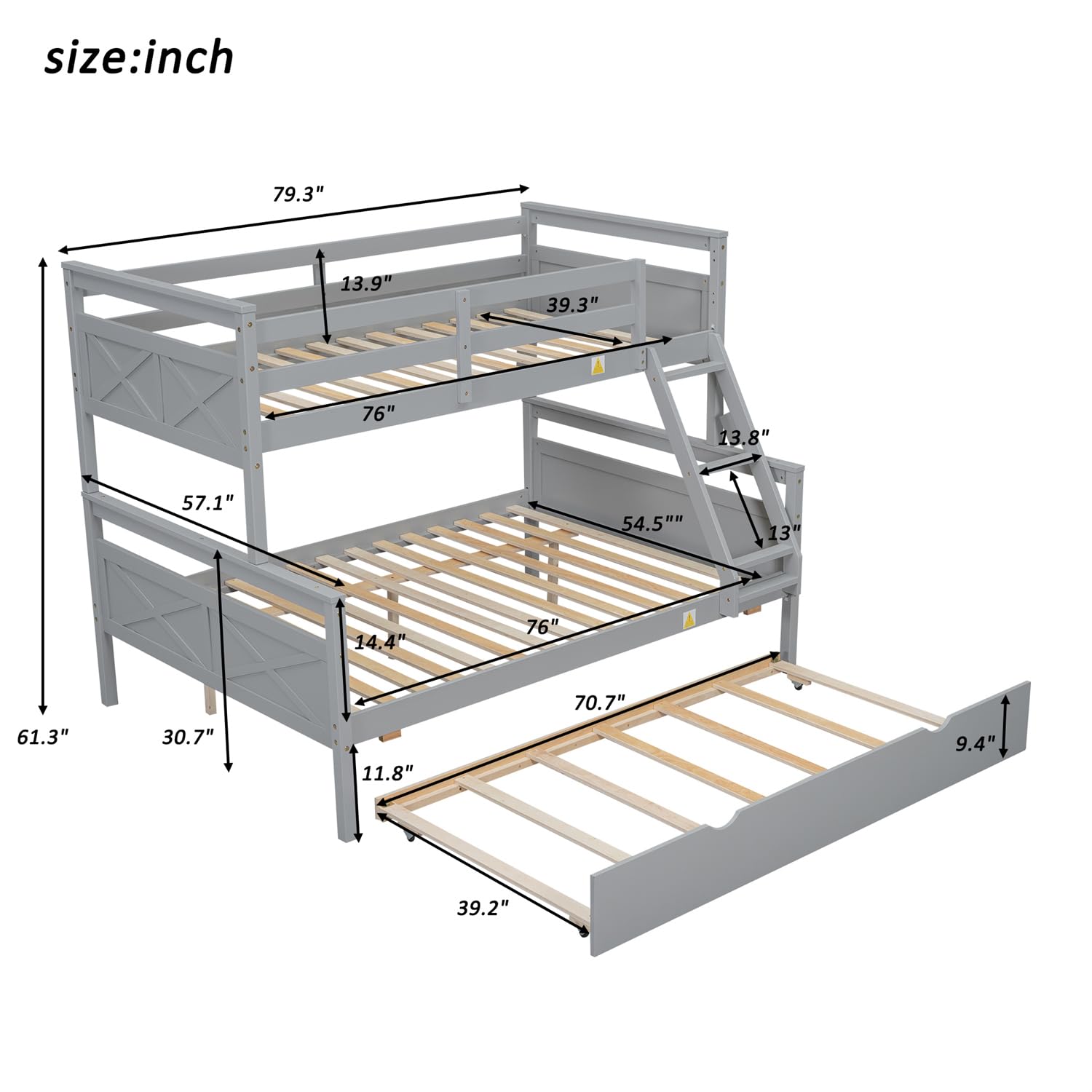 Merax Grey Twin Over Full Solid Wood Trundle Bunk Bed with Guardrail and Ladder - WoodArtSupply