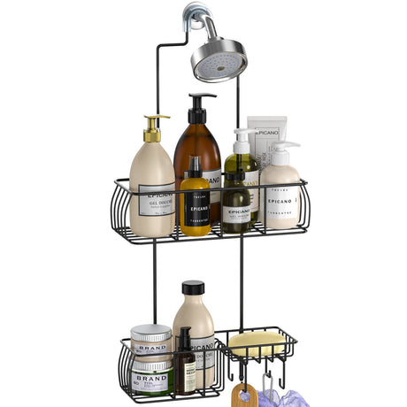 Epicano Shower Caddy Hanging, Anti-Swing Over Head Shower Caddy Rustproof with Hooks for Towels, Sponge and More, Matte Black Epicano