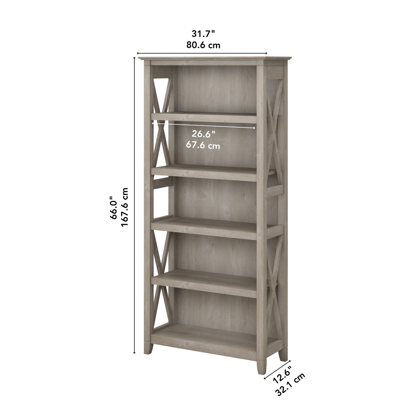 Bush Business Furniture Key West 5-Shelf Bookcase with X Pattern Accents in Washed Gray - WoodArtSupply