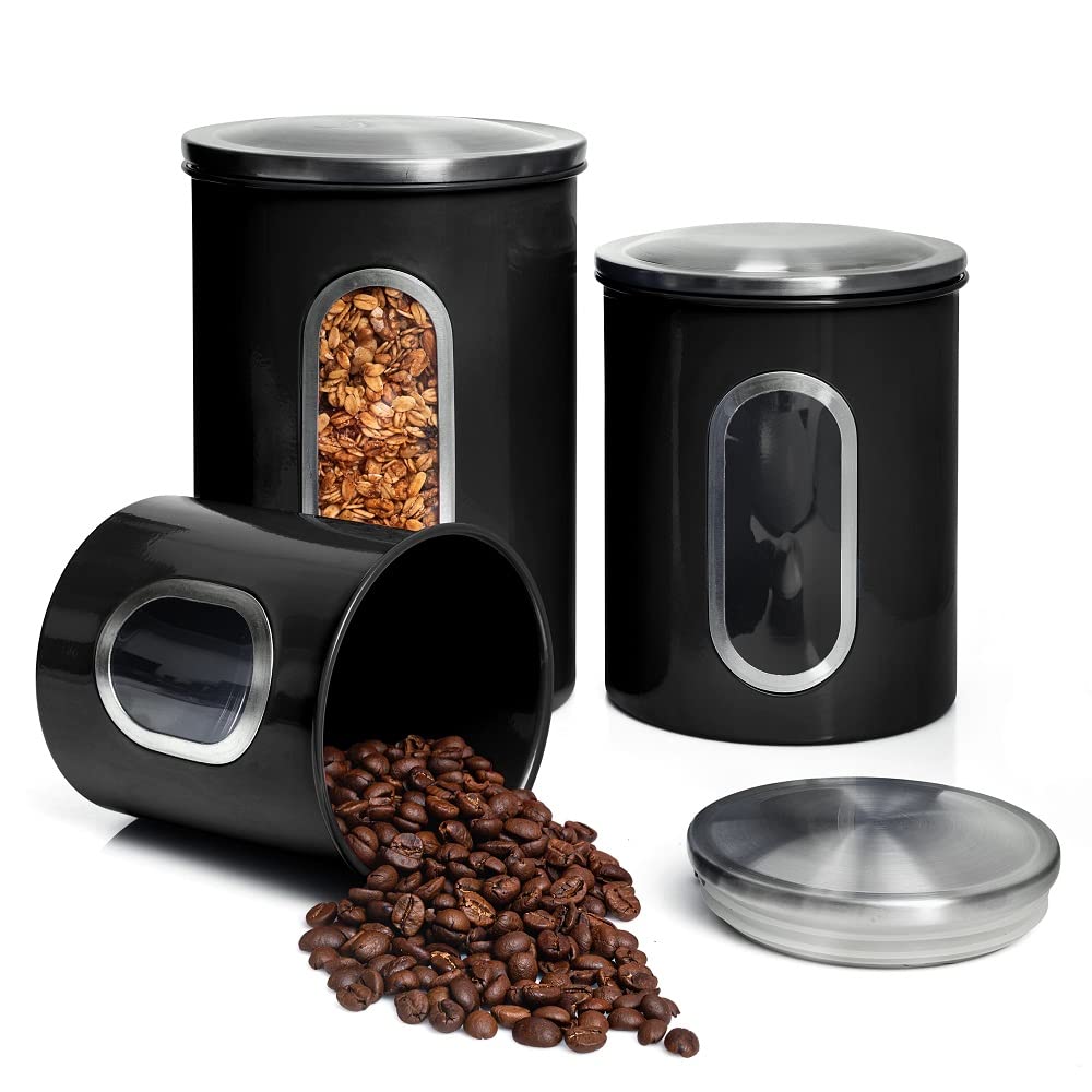 Moss & Stone 3 Piece Black Canisters Sets For The Kitchen, Airtight Canister Set With See Through Window, Airtight Coffee Container, Tea Organizer & Sugar Canisters, Black Kitchen Canisters Set of 3