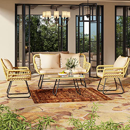 YITAHOME 4-Piece Patio Furniture Wicker Outdoor Bistro Set, All-Weather Rattan Conversation Loveseat Chairs for Backyard, Balcony and Deck with Soft Cushions and Metal Table (Light Brown+Beige) YITAHOME