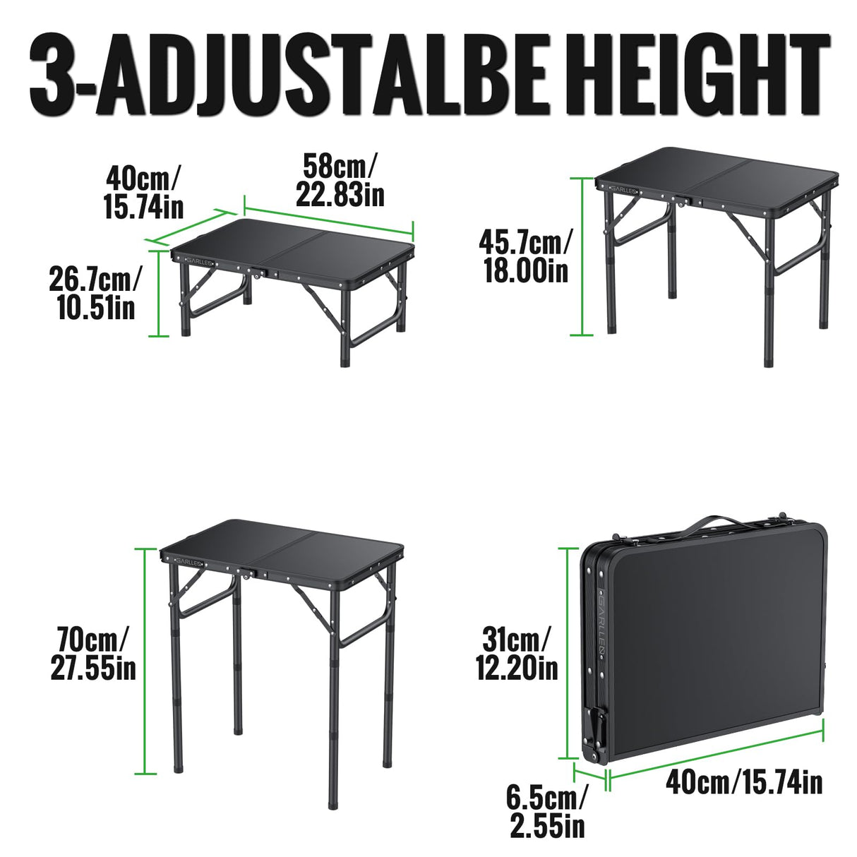 GARLLEN 2ft Folding Camping Table, 3 Adjustable Height Lightweight Picnic Table, Portable Aluminum Grill Table (22.8" L x 15.7" W) for Outdoor, Camping, BBQ, Black GARLLEN