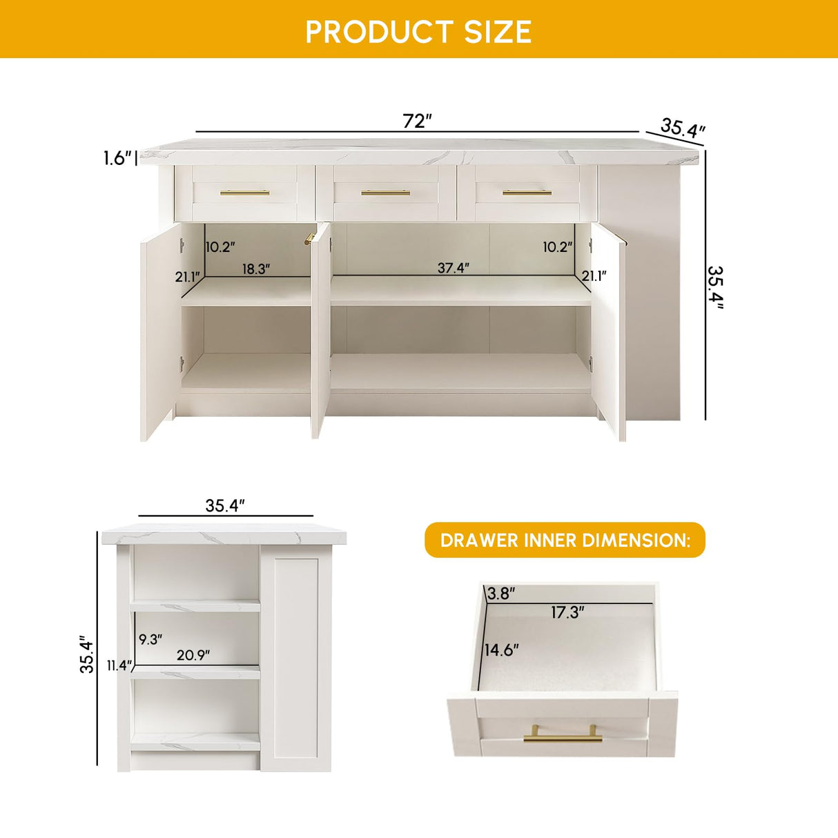 homary 72'' Kitchen Islands with Storage Modern White Kitchen Table with Seating & 3 Drawers Dining Table homary