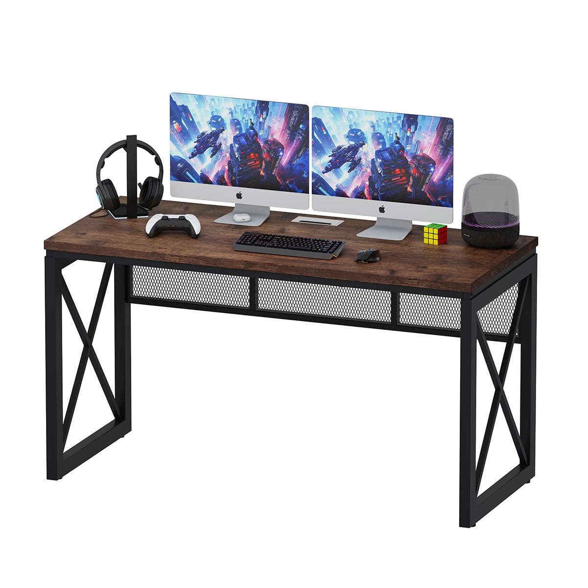 BON AUGURE Farmhouse Computer Desk, Modern Industrial Home Office Desks, Wood Metal Study Writing Table, Sturdy Gaming Desk (Rustic Oak, 54 Inch) BON AUGURE
