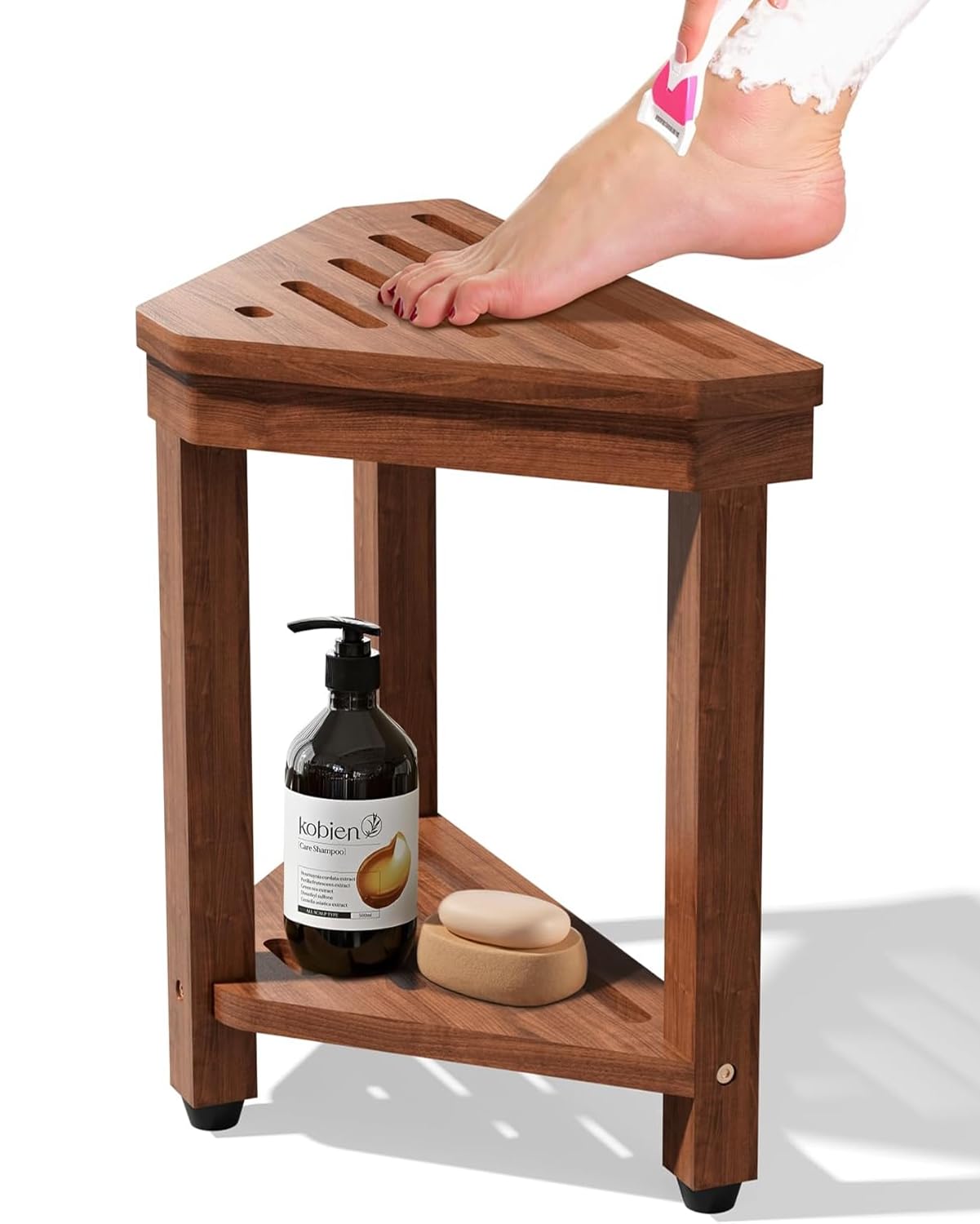 Shower Foot Rest 15 in, Acacia Shower Stool for Shaving Legs,Corner Bath Shower Bench with Starage Shelf for Inside Small Shower Spaces MISSEND