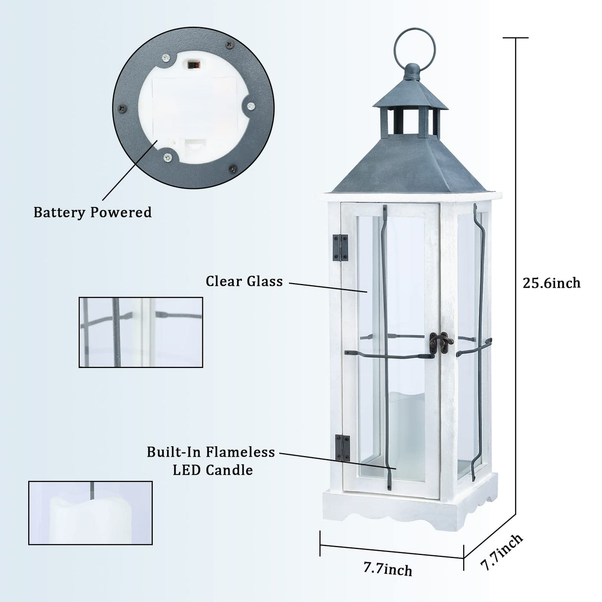 Bdor 2 Pack 26in Farmhouse White Waterproof Wood Metal Decorative Lanterns with Remote Control, Timer, Tempered Glass, Flameless Pillar Candles, Decorative Lanterns for Front Porch, Wedding Bdor