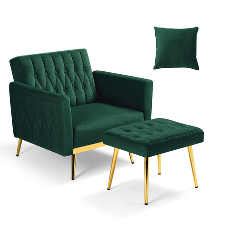 ACMEASE Velvet Accent Chair with Adjustable Armrests and Backrest, Button Tufted Lounge Chair, Single Recliner Armchair with Ottoman and Pillow for Living Room, Bedroom, Green ACMEASE