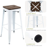 Brage Living 30 Inch Metal Bar Stools with Square Solid Elm Wood Seat Top, Backless Stackable Industrial Barstools Set of 2 (White) Brage Living