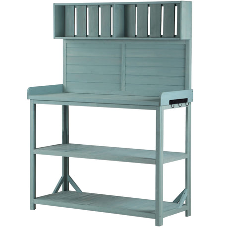 Potting Bench Table with 4 Storage Shelves and Side Hook, Polibi 65" Large Wooden Farmhouse Rustic Outdoor Patio Workstation, Garden Potting Bench with Splash Plate Polibi