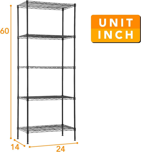 14" D×24" W×60" H Wire Shelving Unit Metal Commercial Shelf with 5 Tier Layer Rack Strong Steel for Restaurant Garage Pantry Kitchen Garage，Black FDW