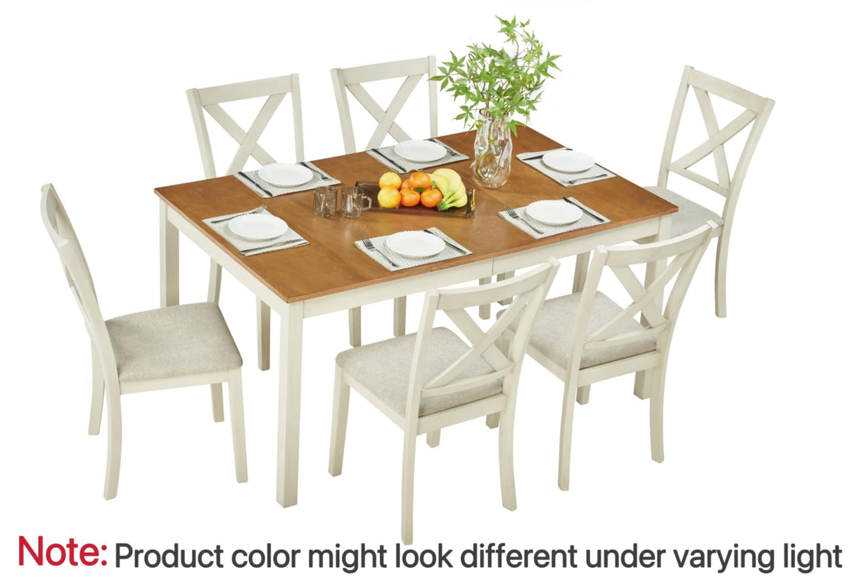 PLAUIN 7-Piece Farmhouse Dining Table Set with 6 Chairs - Solid Wood Kitchen Table Perfect for Small Space, Dining Room & Office, Rustic Cream PLAUIN