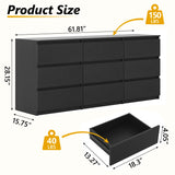 Angel Sar 62'' Black Dresser for Bedroom, Modern 9 Drawer Wood Dresser with Handle-Free Design & Thick Panel, Minimalist Storage Cabinet for Clothes, Entryway Use Angel Sar