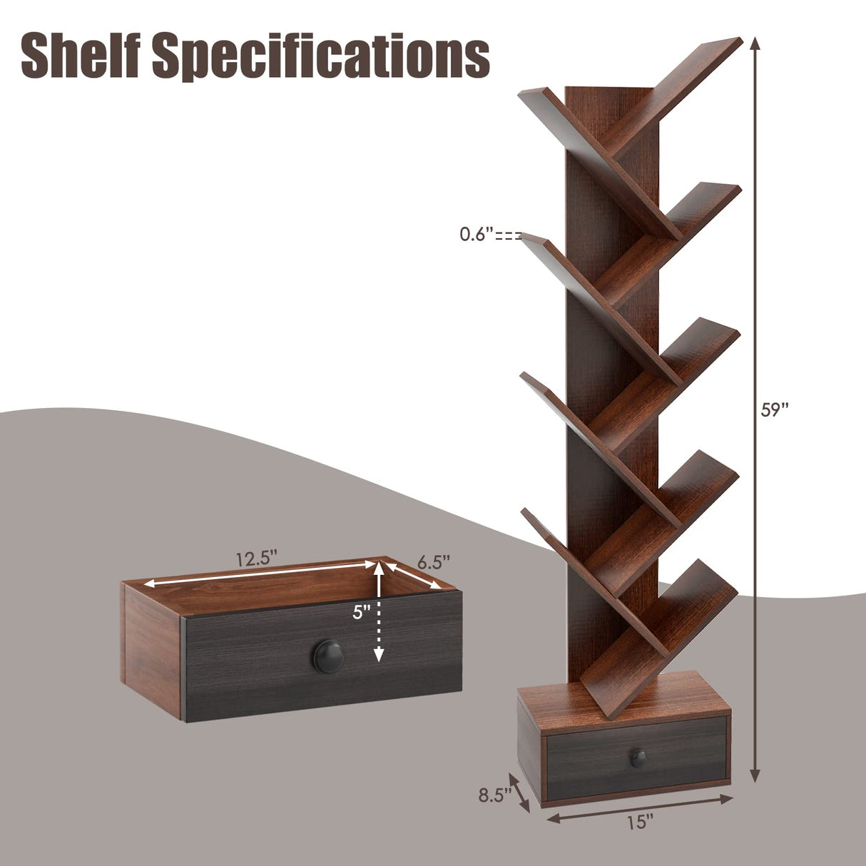 Tangkula 10 Tier Tree Bookshelf with Drawer, Rustic 10 Shelf Space Saving Corner Bookcase, Retro Wooden Organizer Shelves for Books/CDs/Movies, Display Shelf for Home Office (Brown, 10 Tier) Tangkula