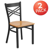 Flash Furniture 2 Pack HERCULES Series Black ''X'' Back Metal Restaurant Chair - Natural Wood Seat Flash Furniture