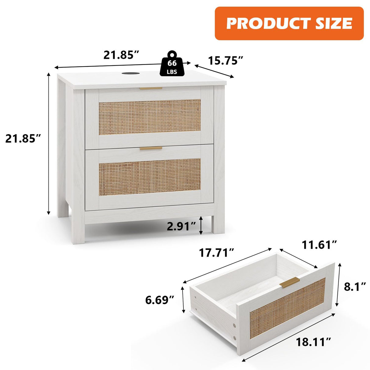 AILEEKISS Night Stand Set of 2 Rattan Nightstands with Wireless Charging Station, Wood Accent Bed Side End Tables with 2 Rattan Drawers, Modern Bedside Stand for Bedroom, Living Room (White) AILEEKISS