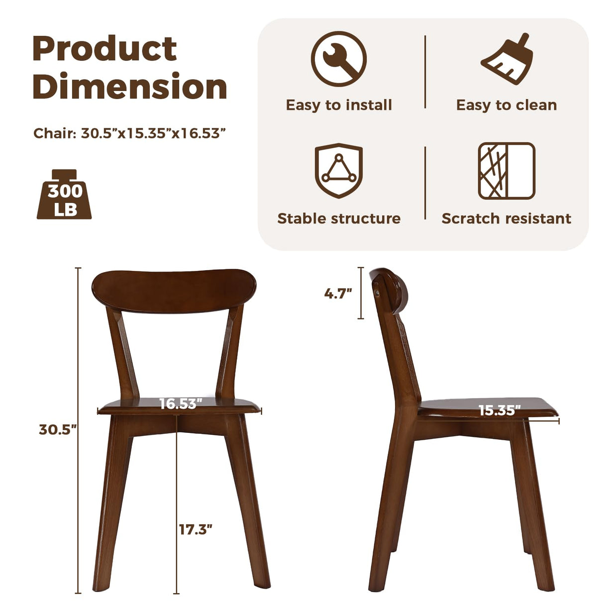 DELAVIN Soild Wood Dining Chairs Set of 6, Mid Century Oak Wood Kitchen Chairs, Vintage Dining Room Chairs Set Suitable for Kitchen, Stackable Dining Chairs, Walnut DELAVIN