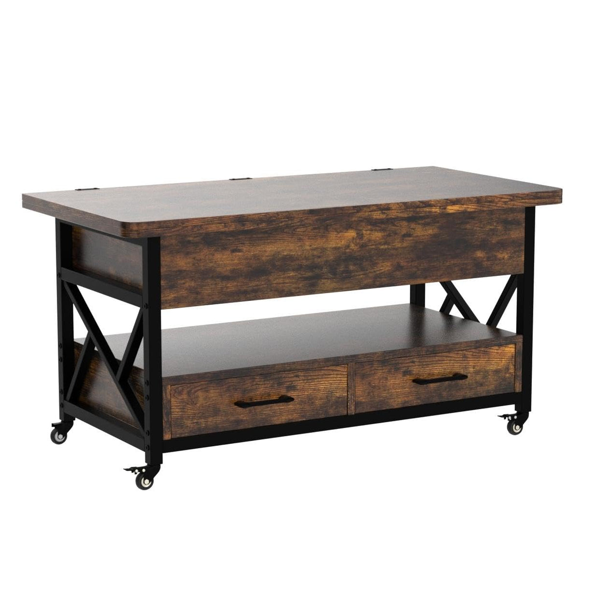 Itaar 40" Lift Top Coffee Table, 4 in 1 Coffee Tables with Storage for Living Room, Small Farmhouse Coffee Table with 2 Drawers & LED Light for Dining Reception Room, Rustic Brown Itaar