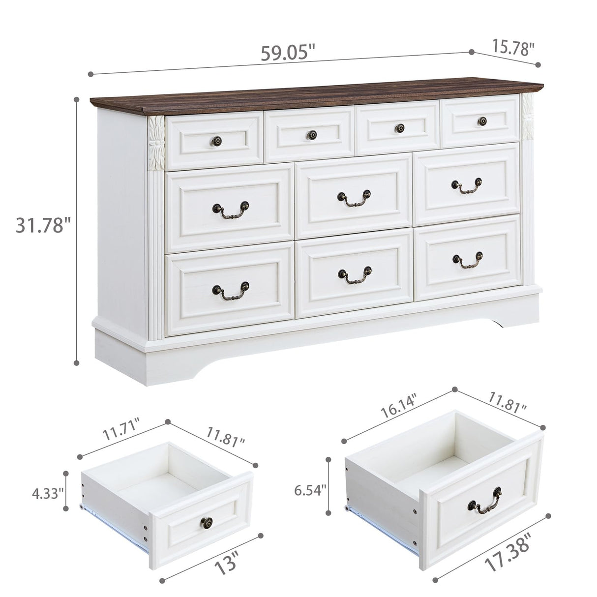 BOSHIRO Farmhouse 10 Drawers Dresser, Dressers for Bedroom, 59" Wide Wood Rustic Chest of Drawers with Carved Pilasters, Storage Organizer, Living Room, Hallway, Antique White BOSHIRO