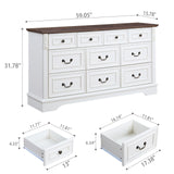 BOSHIRO Farmhouse 10 Drawers Dresser, Dressers for Bedroom, 59" Wide Wood Rustic Chest of Drawers with Carved Pilasters, Storage Organizer, Living Room, Hallway, Antique White BOSHIRO