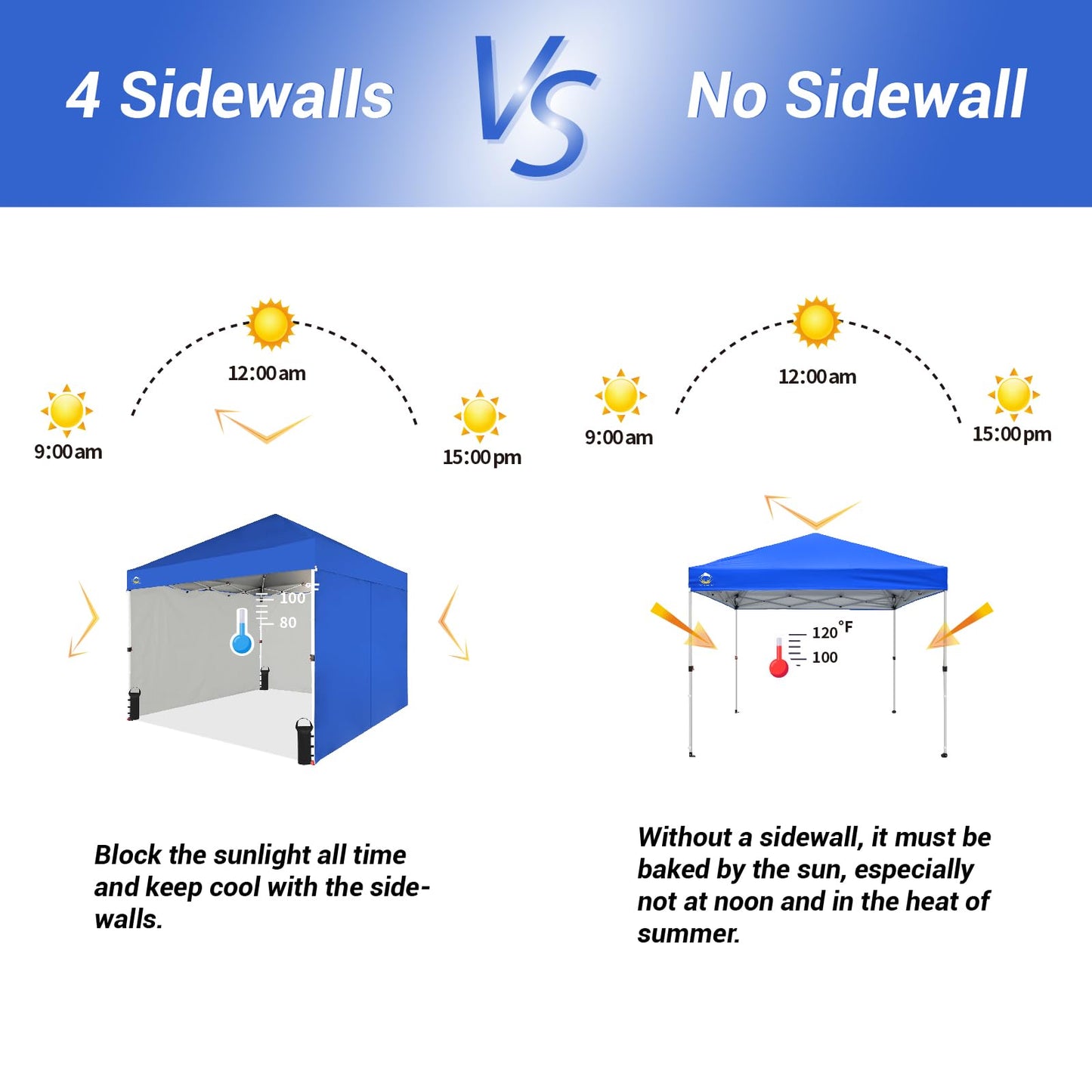 CROWN SHADES 10X10 Comercial Instant Canopy Pop Up Tent with Center Lock (10x10 with 4 Sidewalls, Blue)