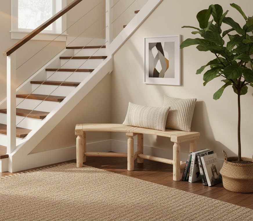 Kdgarden Outdoor Wooden Curved Backless Porch Bench Rustic Style Cedar/Fir Wood Log Fire Pit Bench for Patio Garden Deck and Backyard, 40"-55" W×14" D×16.5" H, Natural Finish Kdgarden