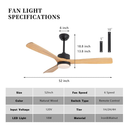 revoici 52” Ceiling Fans with Lights Remote Control,Indoor Outdoor Wood Ceiling Fan with 3 Blade for Patio Living Room, Bedroom, Office, Summer House, Etc - WoodArtSupply