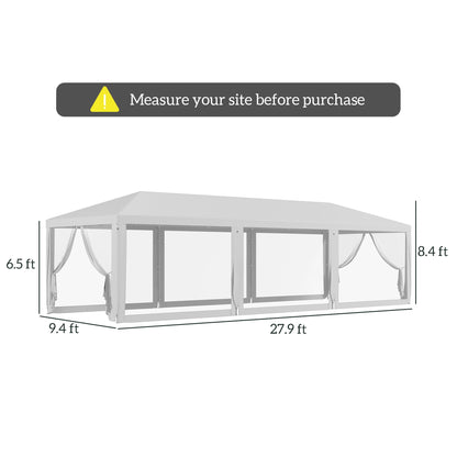 Outsunny 10' x 28' Party Tent Canopy, Outdoor Event Shelter Gazebo with 8 Removable Mesh Sidewalls, Zipper Doors, Steel Frame, White