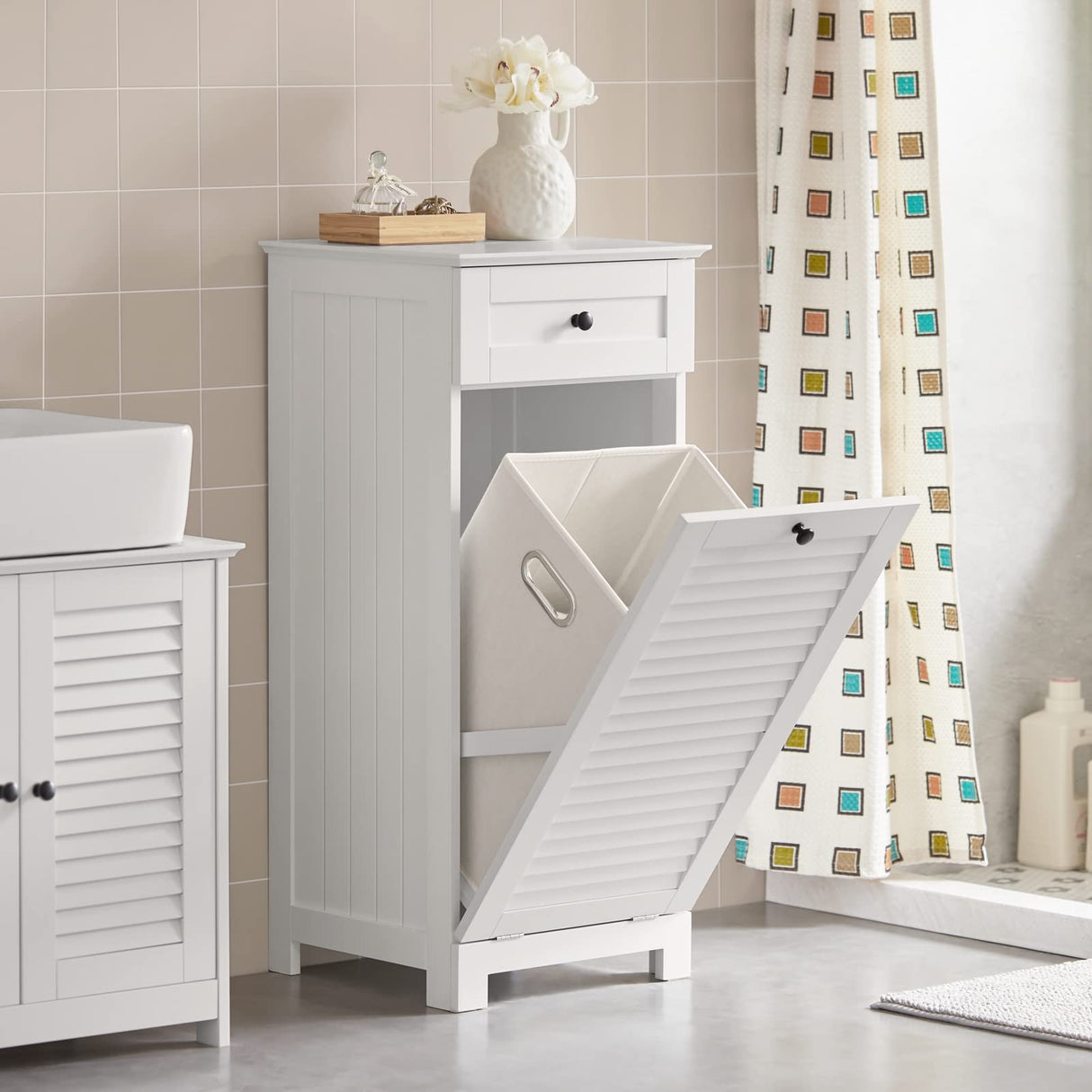 Haotian BZR73-W, Bathroom Laundry Cabinet Laundry Chest Bathroom Storage Cabinet with Shutter Door and Laundry Basket, White Haotian