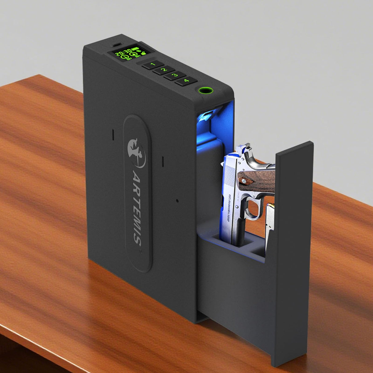 Biometric Slider Handgun Gun Safe for Home Nightstand,Cloakroom, Desk,Bed Side,Truck, Artemis Auto Sliding Door Hand Gun Safe for Pistol Unlock Fingerprint，Digital PIN，Key Access Artemis