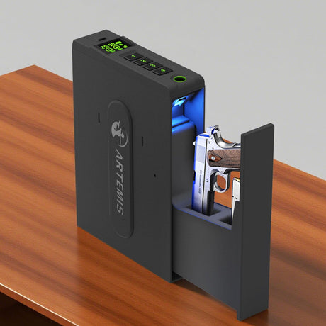 Biometric Slider Handgun Gun Safe for Home Nightstand,Cloakroom, Desk,Bed Side,Truck, Artemis Auto Sliding Door Hand Gun Safe for Pistol Unlock Fingerprint，Digital PIN，Key Access Artemis