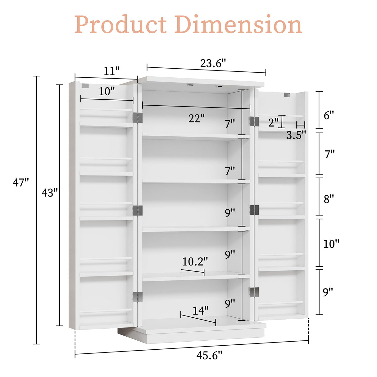 Meilocar 47in Kitchen Pantry Cabinet, Wood Kitchen Storage Pantry Cabinets Freestanding Pantry Cabinet with Doors & Adjustable Shelves, Pantry Cabinet for Kitchen, Living Room, White Meilocar