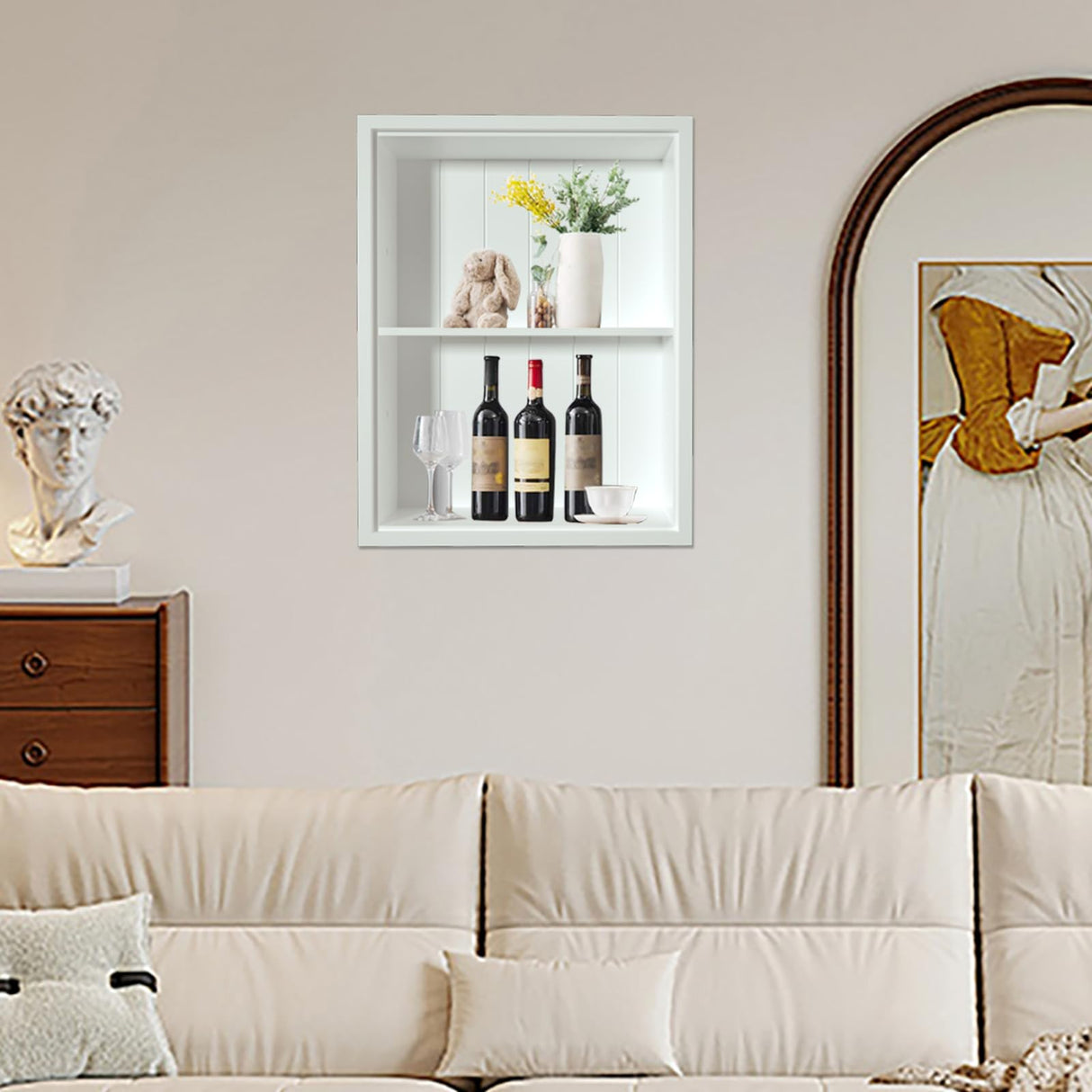 Nalwort 14" x 18" Recessed Medicine Cabinet, 2-Tier Wall Niche for Bathroom, Bedroom, Living Room, Kitchen, White, Solid Wood Wall Medicine Cabinet Nalwort