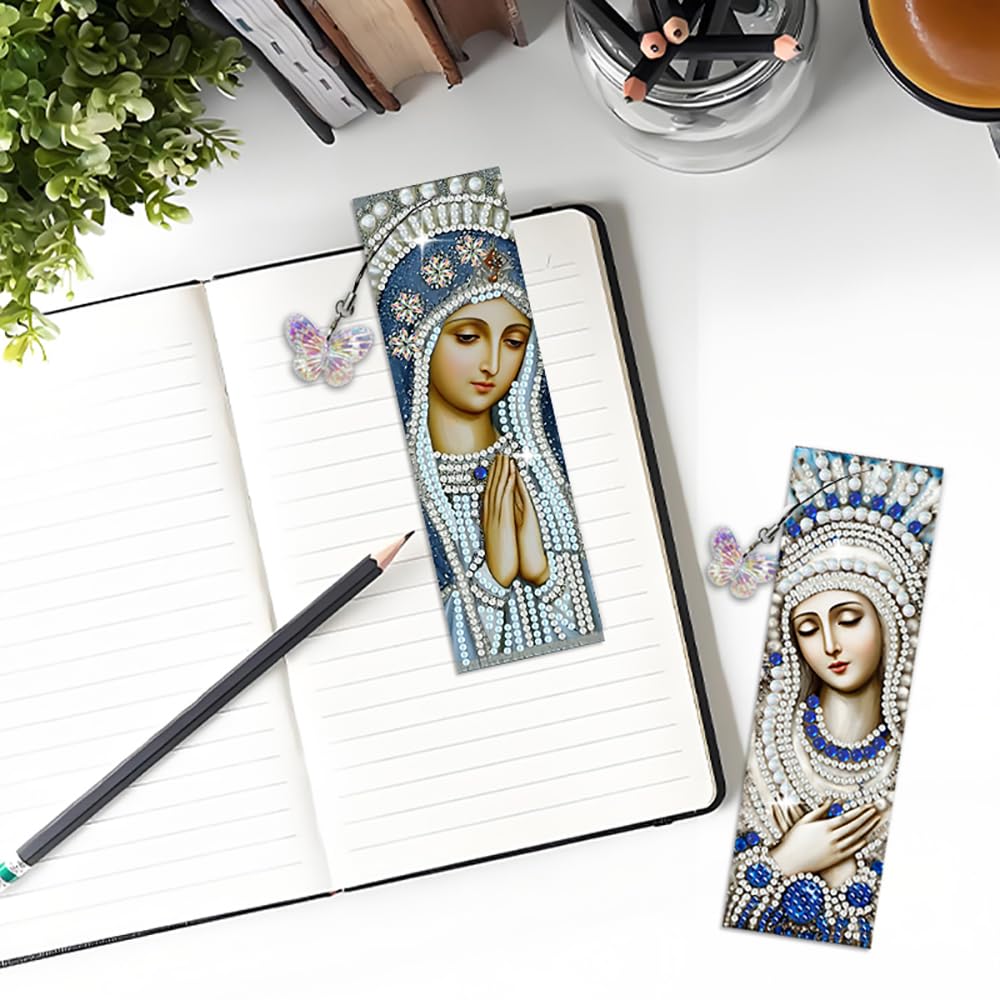 pigpigboss 2 Pieces Religious Virgin Mary Diamond Painting Bookmark Kit, Acrylic Bookmark Diamond Art Dots for Adult, Praying Virgin Mary Book Marks Paint with Diamonds for Book Decor pigpigboss