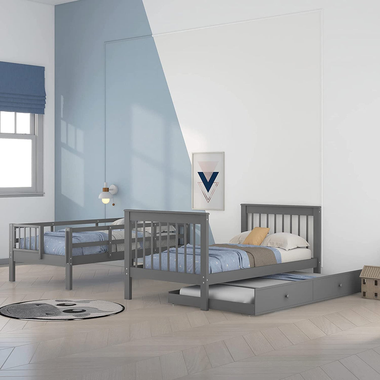 CITYLIGHT Bunk Bed Twin Over Twin with Trundle, Bunk Beds with Stairs and Open Shelves, Wooden Twin Bunk Bed for Kids, Teens,Bedroom, Dorm(Grey,Twin Over Twin) CITYLIGHT