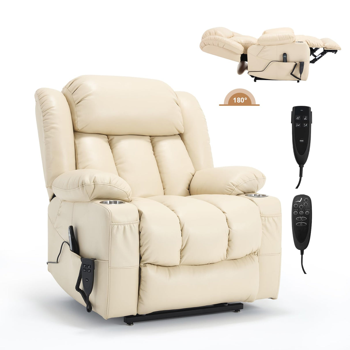 RHHVVR Electric Lift Chair Oversized, Dual Motor Power Lift Recliner Faux Leather Sofa with 8-Point Vibration Massage and Lumbar Heating, Stainless Steel Cup Holders for Elderly, Medium-Firm, Beige RHHVVR