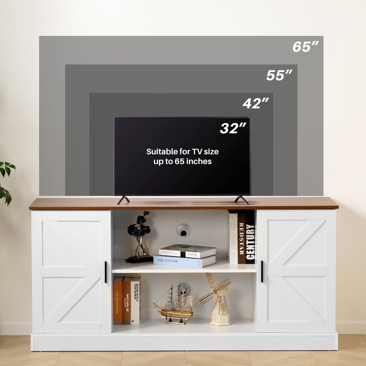 HollyHOME TV Stand for TVs up to 65”, Wood Entertainment Center with Adjustable Storage Shelves, Media TV Console Table for Living Room and Bedroom, White HollyHOME