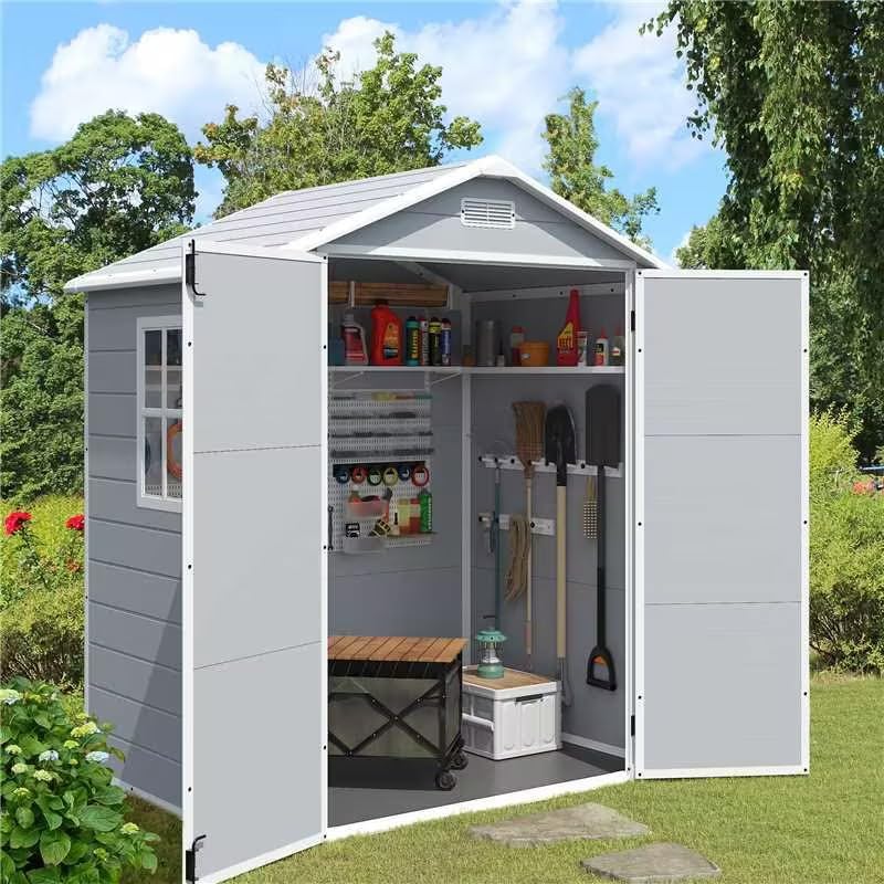 JUMMICO Outdoor Storage Shed, 6 x 4 FT Resin Shed with Floor and Lockable Door, Plastic Garden Tool Outside Sheds for Patio Backyard Lawn - WoodArtSupply