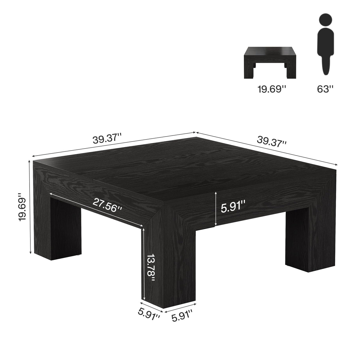 Tribesigns 39.4-Inch Square Coffee Table for Living Room, Farmhouse All MDF Accent Center Cocktail Table with Sturdy Wooden Legs, Easy Assembly, Black Tribesigns
