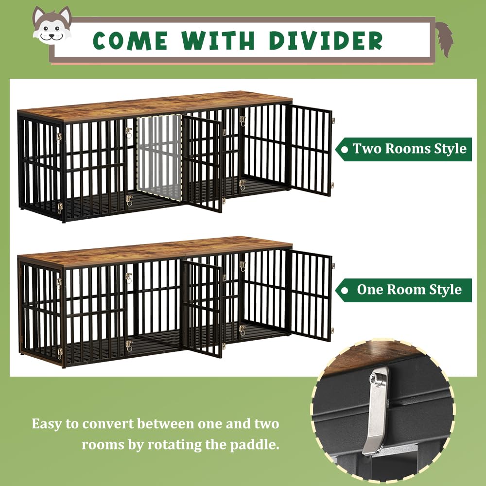 AGESISI Dog Crate Furniture for 2 Dogs, 76” Wooden Dog Kennel with Divider, XXL Double Dog Crate Furniture Large Breed with 4 Doors, Dog Cage End Table Indoor for Large & Medium Dogs, Black - WoodArtSupply