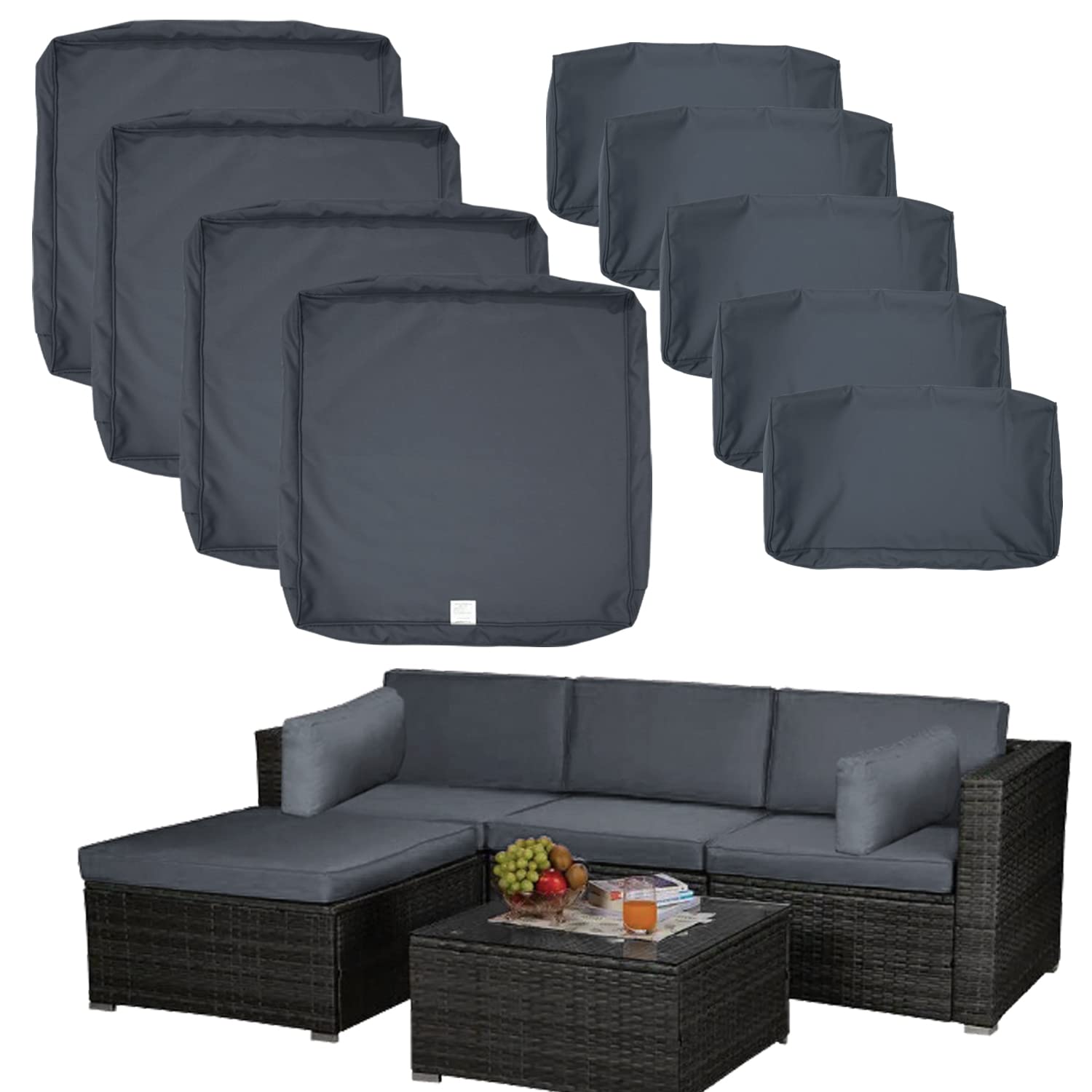 9 Pack Patio Cushion Covers Set Outdoor Furniture Cushion and Pillow Cover Replacement Fit for 5 Pieces 4-Seater Wicker Rattan Patio Sectional Sofa Chair Couch Set,Dark Gray-Cover Only (Large - WoodArtSupply