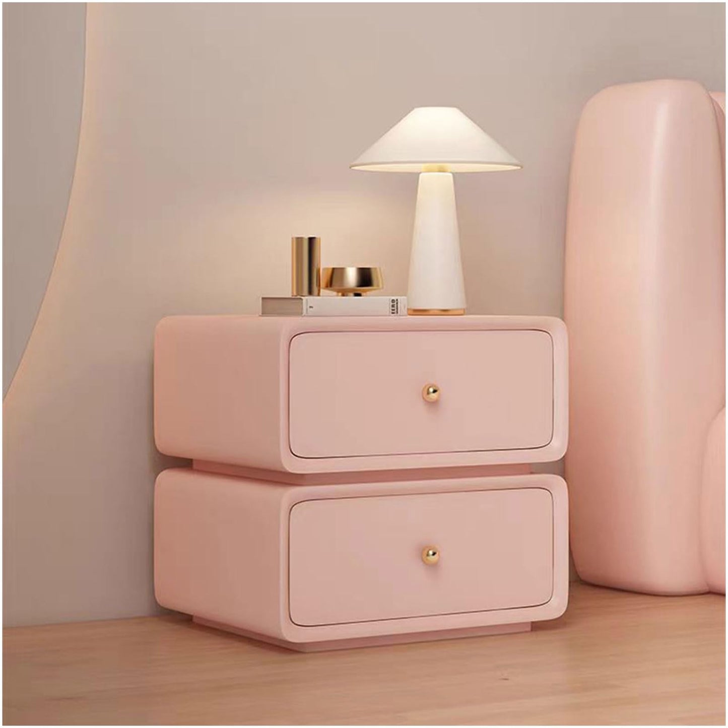 360° Rotating Night Stand with Drawers, Leather Desktop Bed Side Tables Bedroom Nightstand with Solid Wood Frame, Modern 2 Drawer Nightstand for Entryway,Bedroom (Pink)