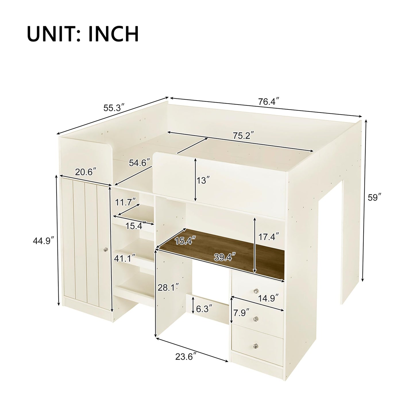 Merax Wood Loft Bed Full Size with Storage, Built-in Desk, Drawers, Wardrobe and Shelves, Beige