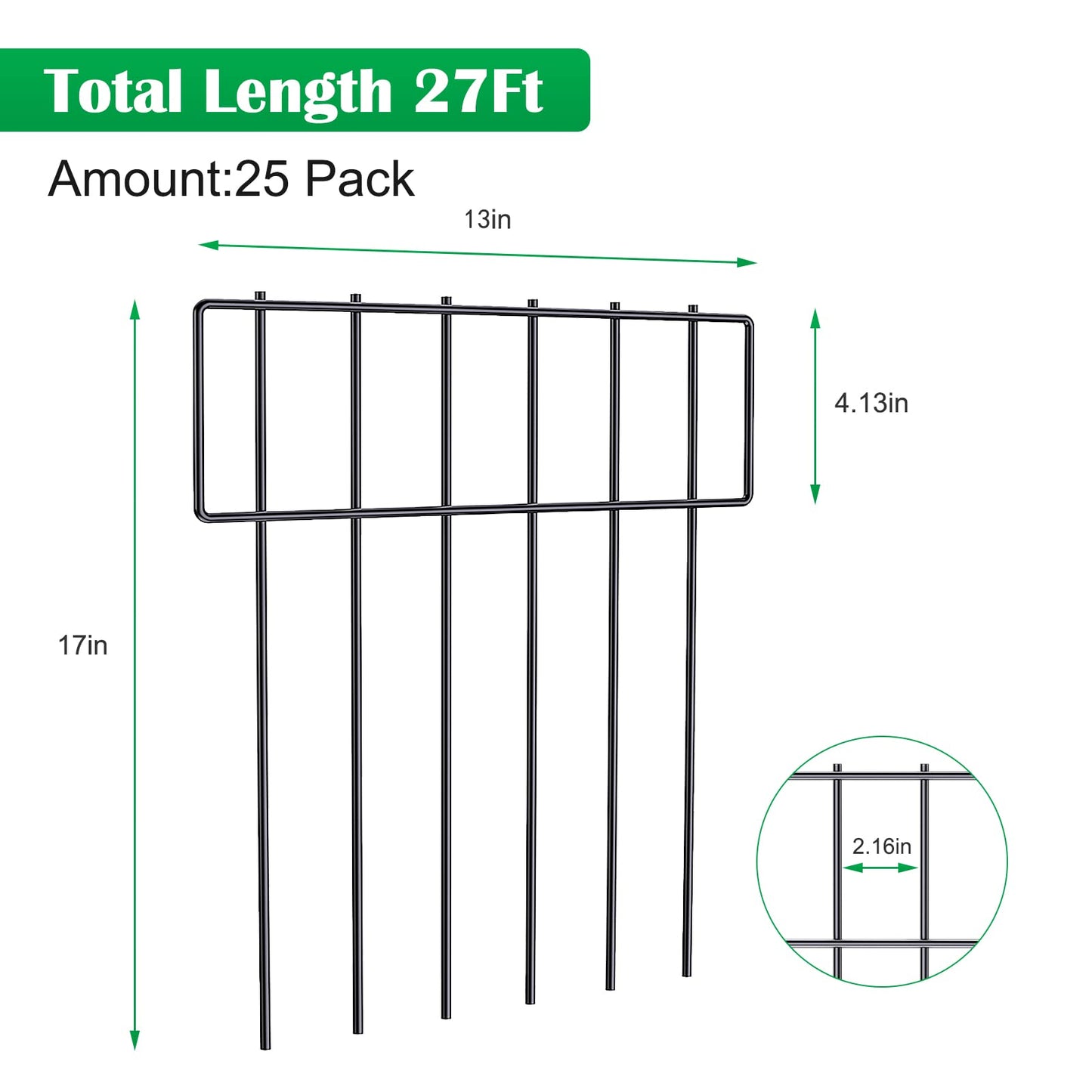 25 Pack Animal Barrier Fence, 17 in(H) X 27 Ft(L) Decorative Garden Fence, Rustproof Metal Wire Garden Border Fence, Dog Rabbits Ground Stakes Fence for Garden.