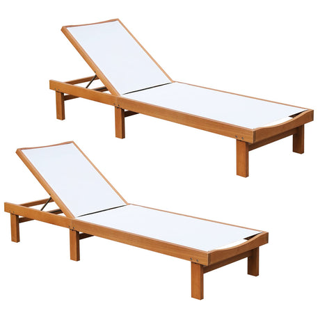 Tangkula Outdoor Wood Chaise Lounge Chair, Patio Chaise Lounger with 5-Postion Adjustable Back, Eucalyptus Wood Reclining Lounge Chair with Breathable Fabric for Poolside Lawn Backyard (2, White) Tangkula