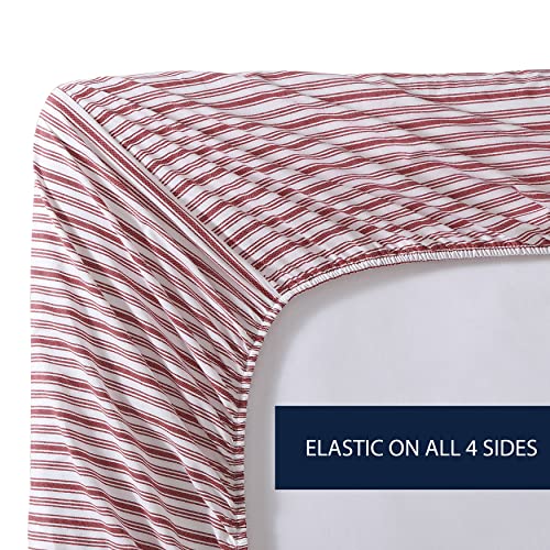 Nautica - Twin Fitted Sheet, Crisp Cotton Percale Bedding, Single Ply Woven, Lightweight for Year Round Use, Oeko-Tex Certified (Coleridge Stripe Red) Nautica