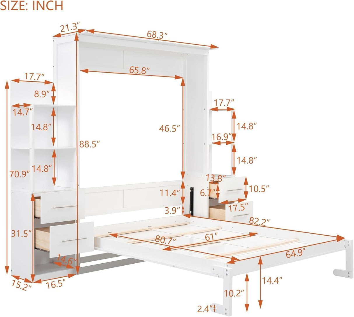Queen Murphy Bed with Storage Drawers,LED Lights and Storage Bookcase Shelves,Wood Murphy Wall Bed Cabinet for Adults (White) MERITLINE