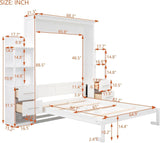 Queen Murphy Bed with Storage Drawers,LED Lights and Storage Bookcase Shelves,Wood Murphy Wall Bed Cabinet for Adults (White) MERITLINE