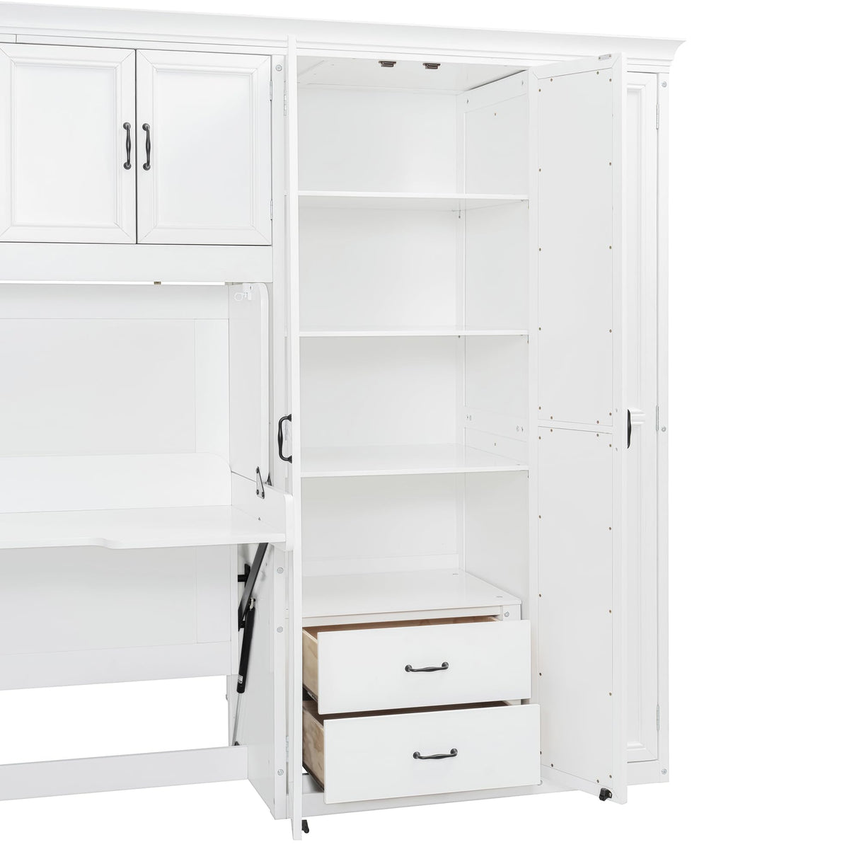 SOFTSEA Twin Size Horizontal Murphy Bed with Desk, Foldable Wall Bed Frame with 3-Door Wardrobe, Drawers & Shelves, Space-Saving Hideaway Bed for Small Space, Apartment, White SOFTSEA